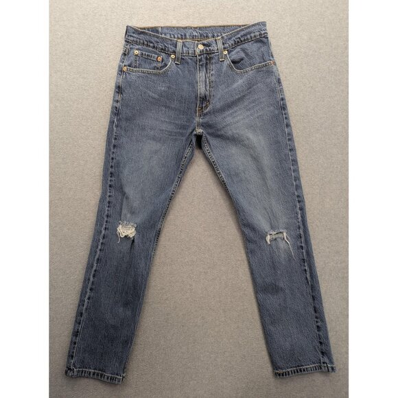 Levis Jeans Mens 33x32 Blue 502 Taper Stretch Distressed Zip Fly 29507-0390 - Picture 1 of 14